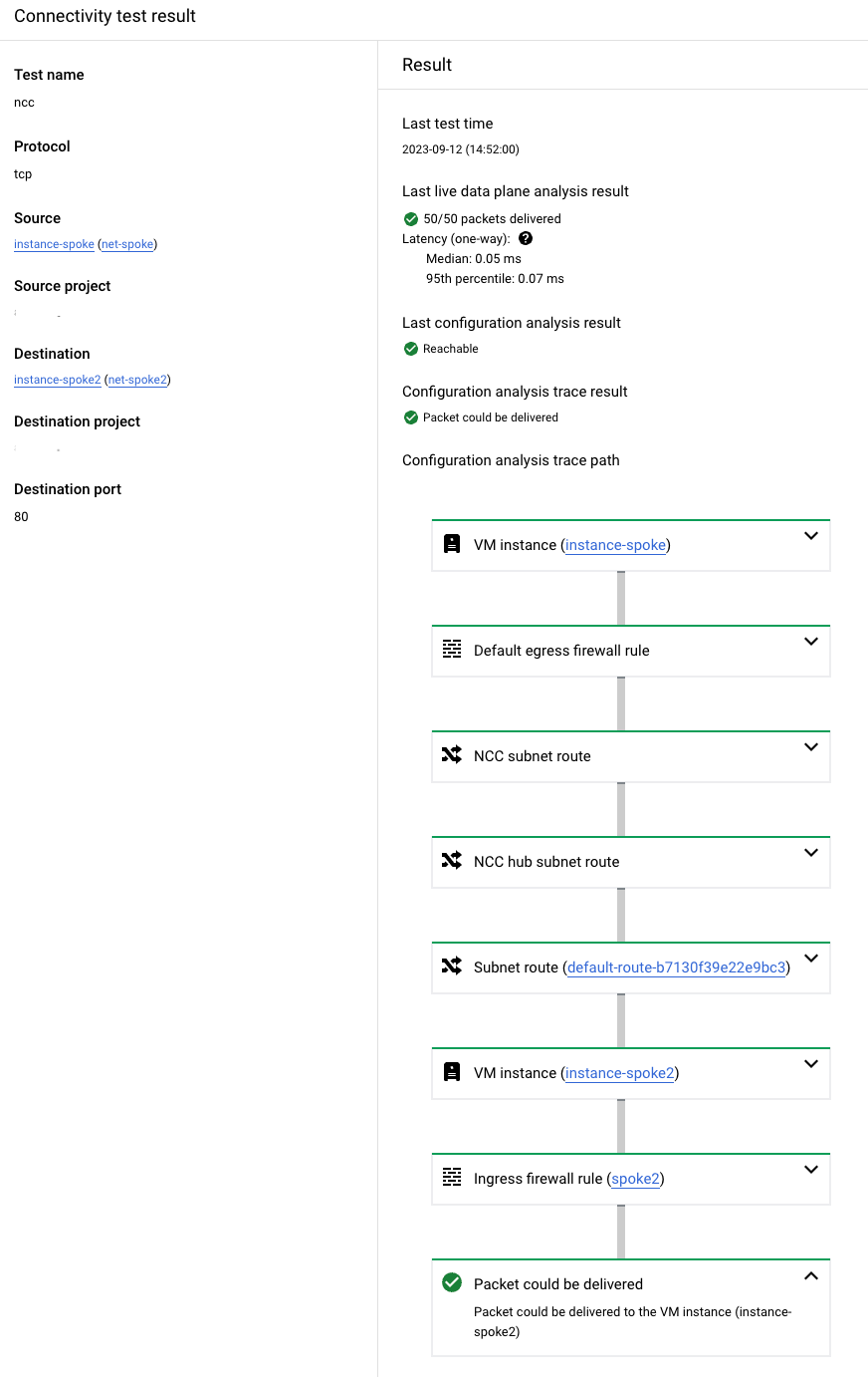 在通过 Network Connectivity Center hub 的虚拟机之间成功测试的示例输出。