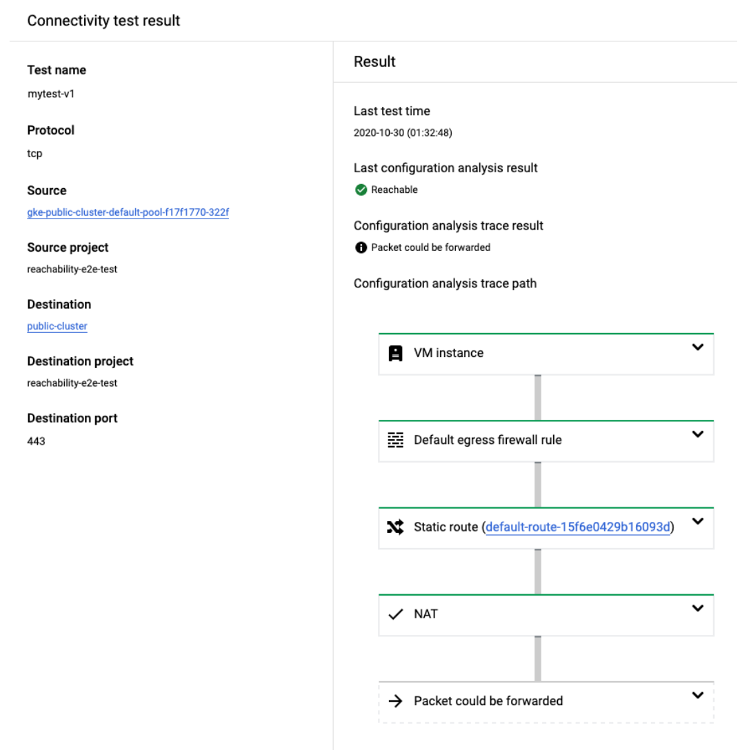 Google Cloud console screenshot for GKE node to control plane trace through a public IP address.