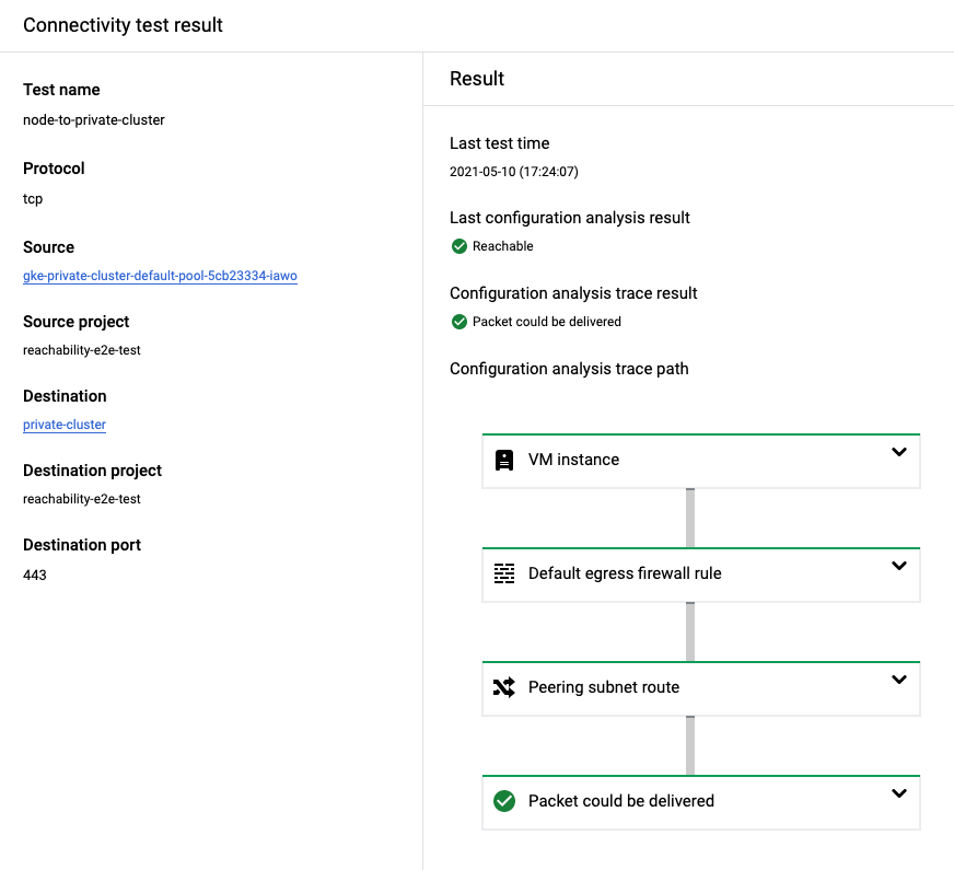 Google Cloud console screenshot for GKE node to control plane trace.