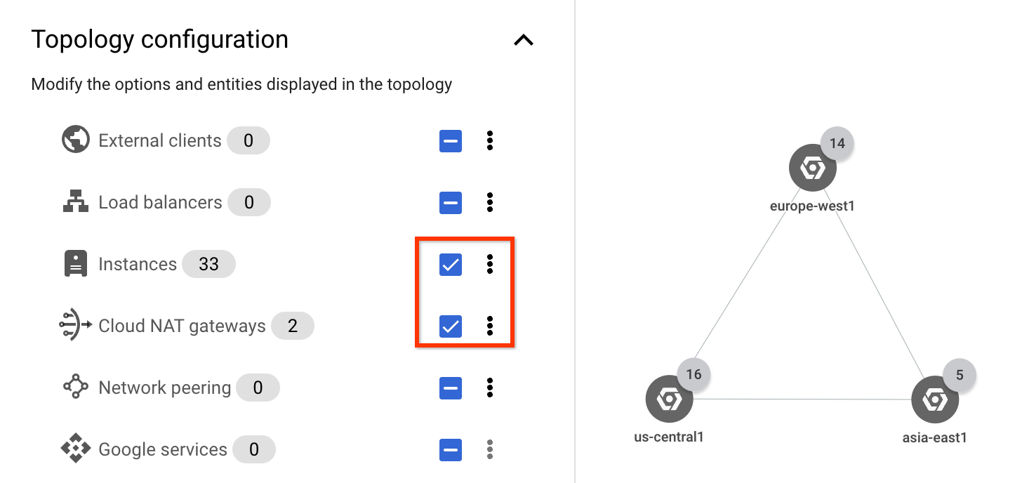 Screenshot, der externe Clients und Load-Balancer zeigt, bei denen die Auswahl im Bereich "Entitäten" aufgehoben wurde