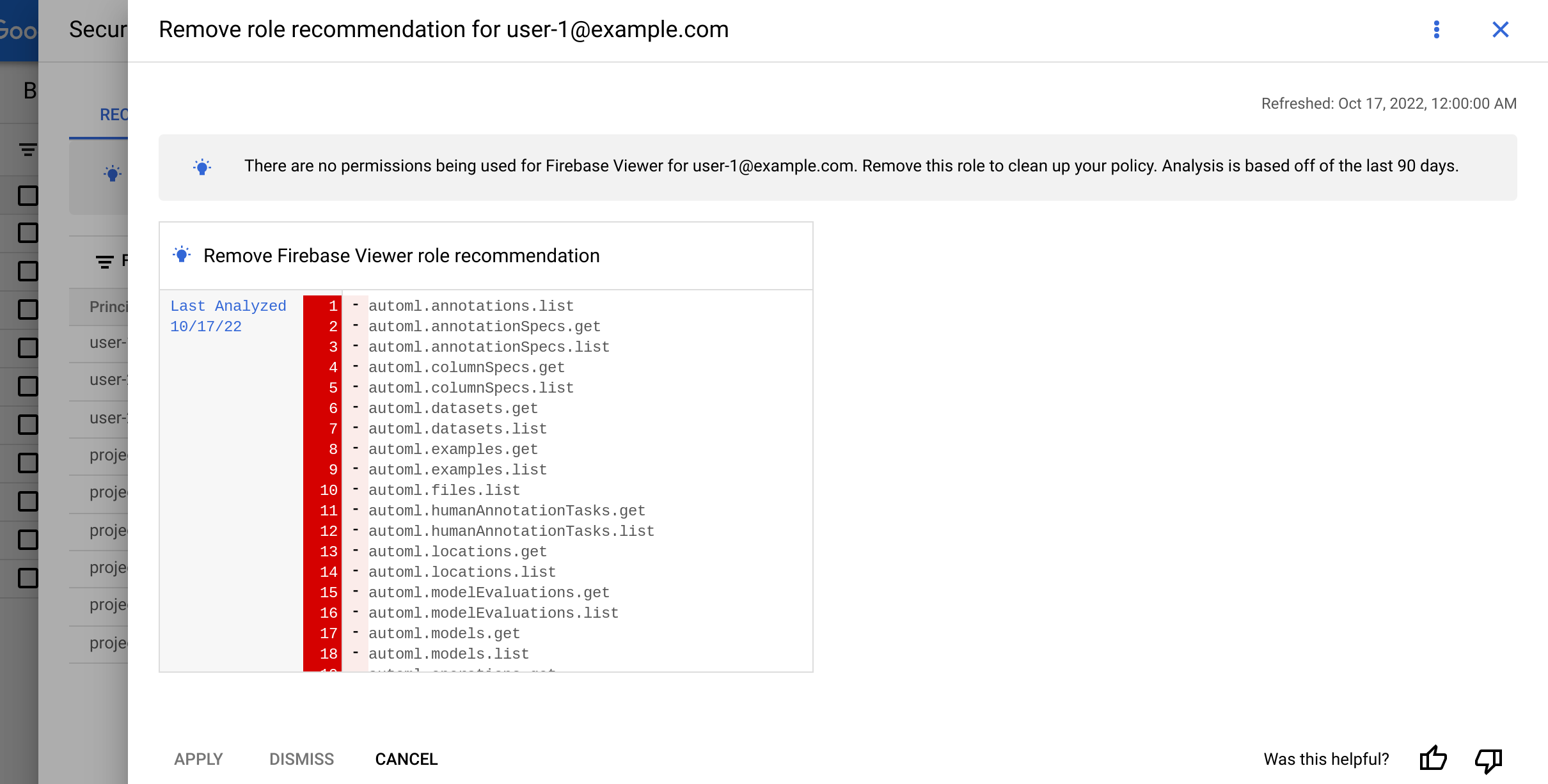 Review and apply role recommendations for Cloud Storage buckets ...