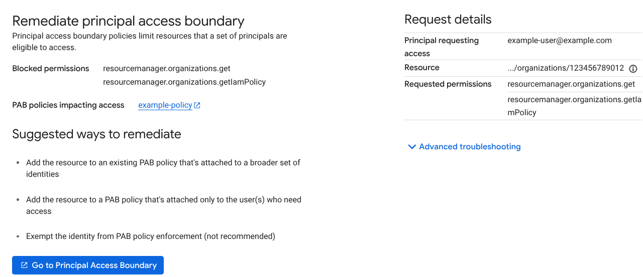 政策修正摘要頁面，顯示主體存取邊界詳細資料。