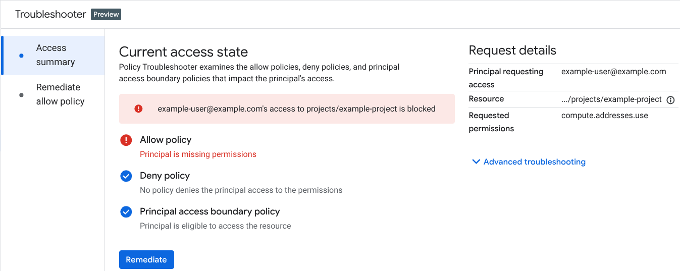 The policy remediation summary page showing request details.