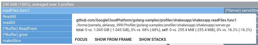 Confronto della descrizione comando di readfiles per il tipo di profilo heap allocato.
