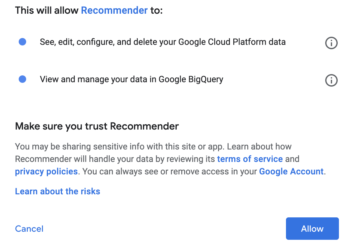 Finestra di dialogo di autorizzazione per Recommender, che elenca le autorizzazioni richieste e fornisce link per scoprire i rischi e come Recommender gestisce i dati.