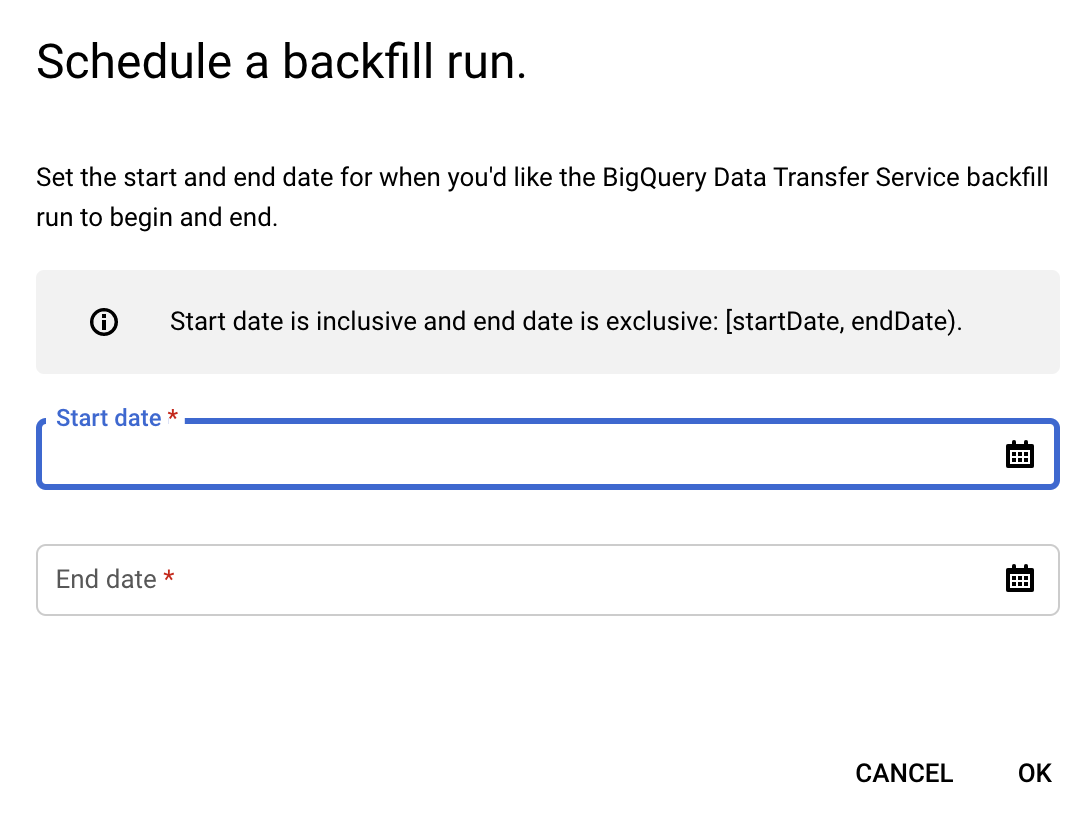Formular in der Console zum Planen einer Backfill-Ausführung mit den erforderlichen Feldern für Start- und Enddatum sowie einem Hinweis, dass das Startdatum einschließend und das Enddatum ausschließend ist.