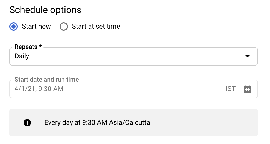Formulir di konsol yang menampilkan opsi Jadwal untuk transfer data, dengan pilihan saat ini ditetapkan ke pukul 09.30 AM Asia/Calcutta.