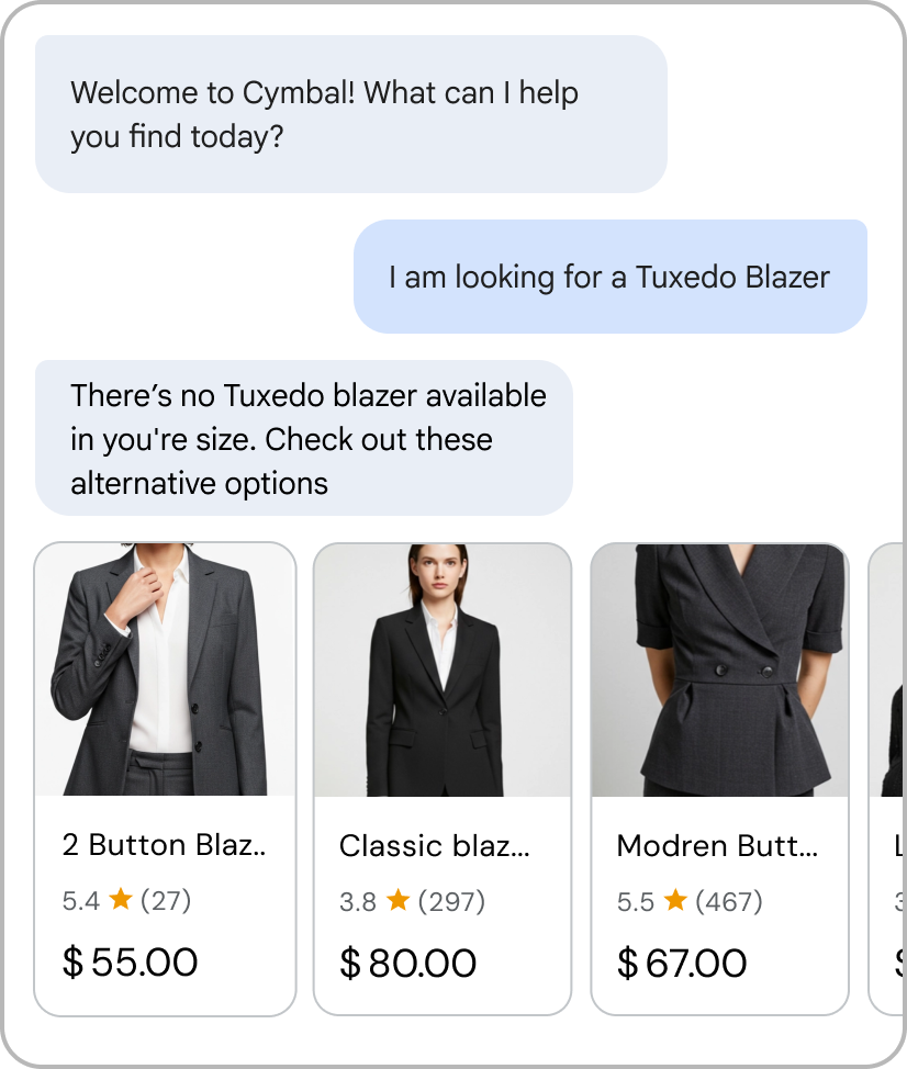 El agente de Conversational Commerce muestra limitaciones transparentes si no puede entender una consulta o si solo devuelve resultados limitados.
