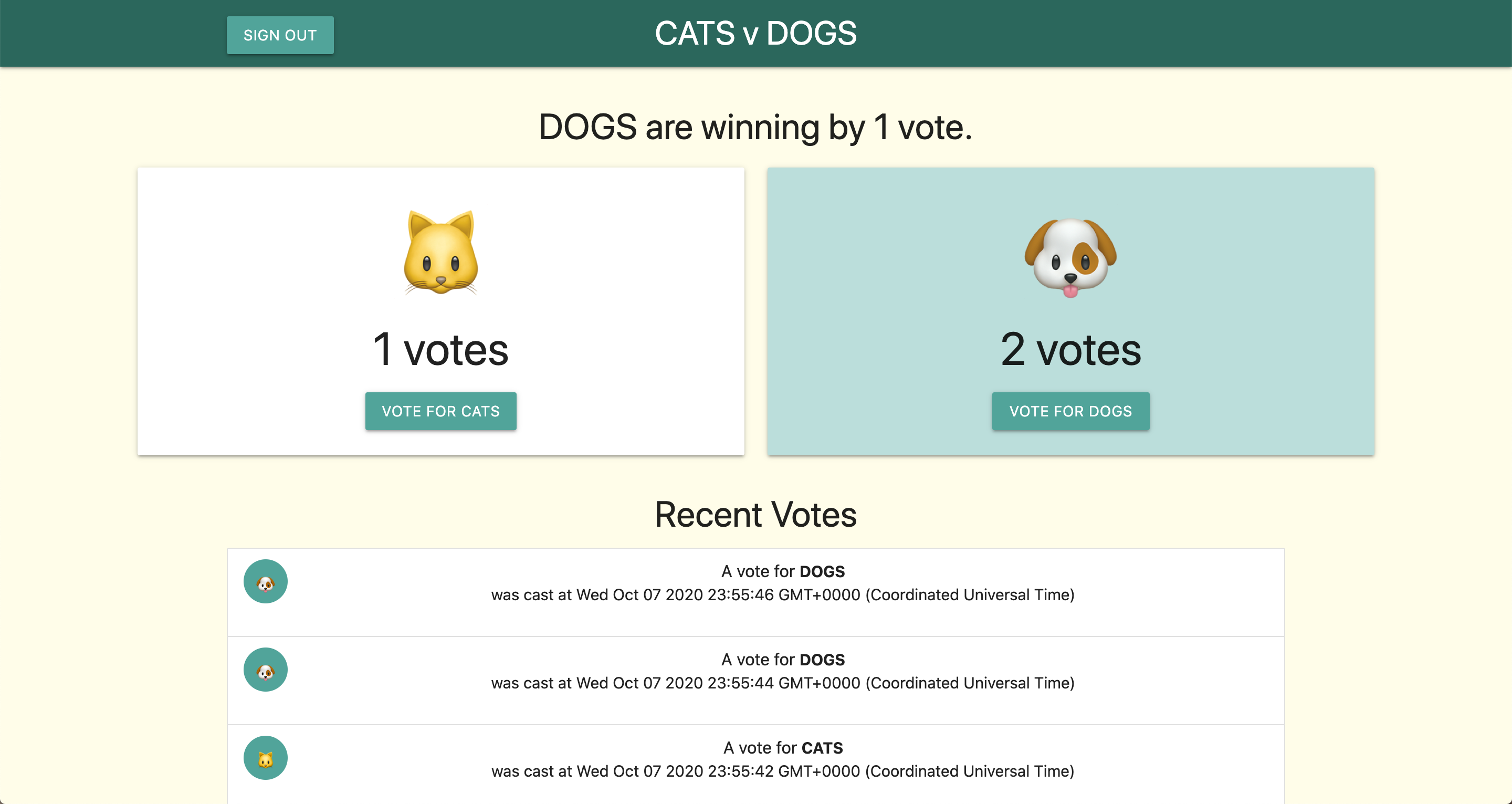 User Interface shows vote count for each team and a list of votes.