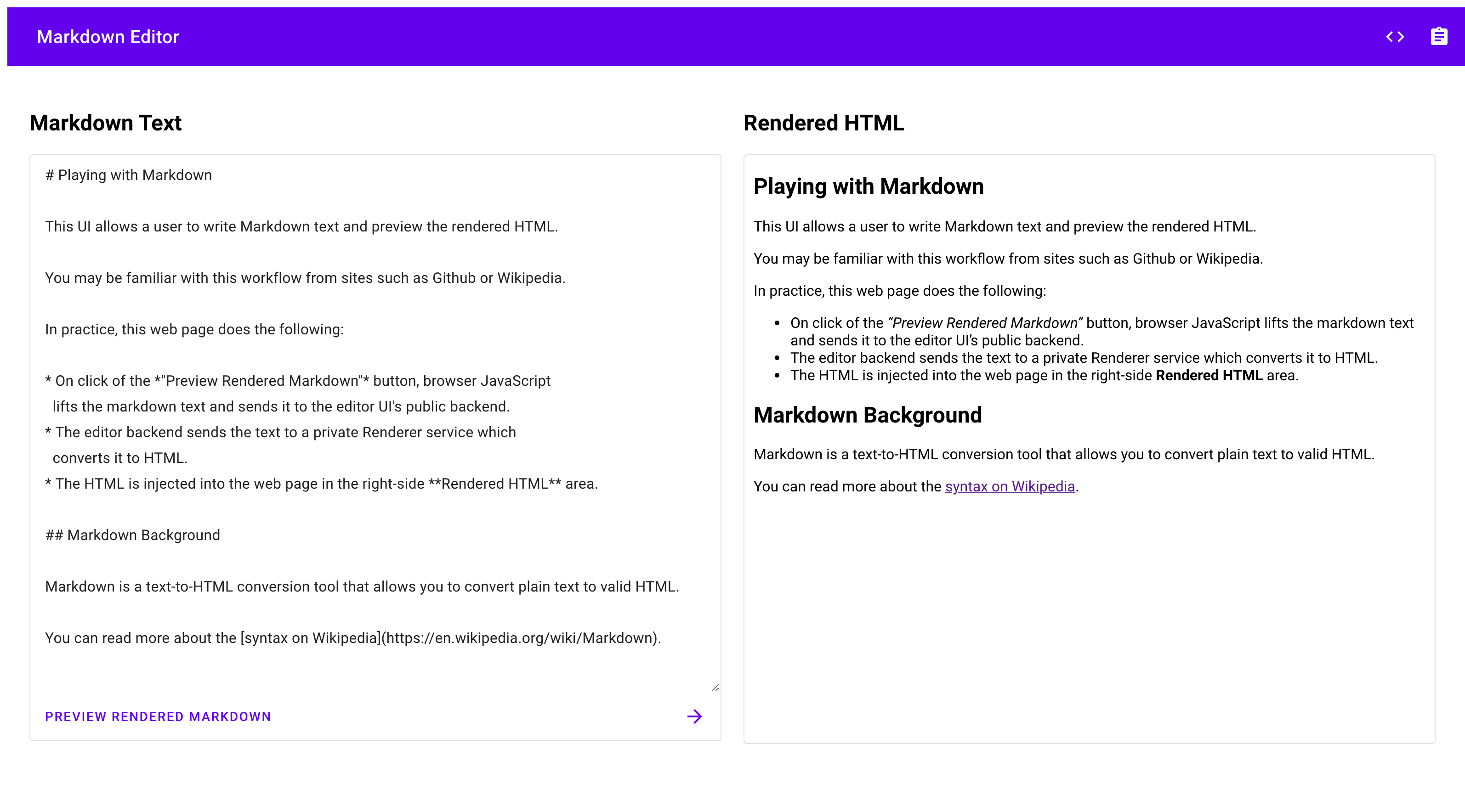 צילום מסך של ממשק המשתמש של עורך Markdown