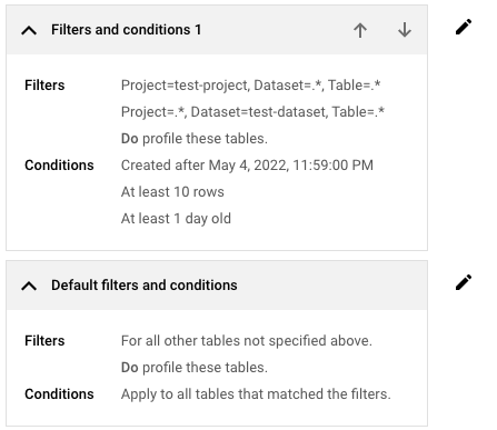 Os filtros e as condições predefinidos