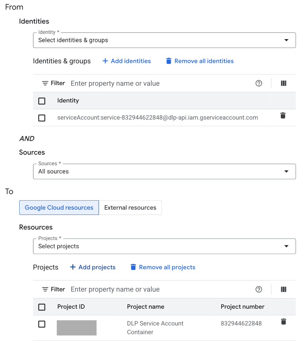 Egress rule with both a service agent ID and a project set.