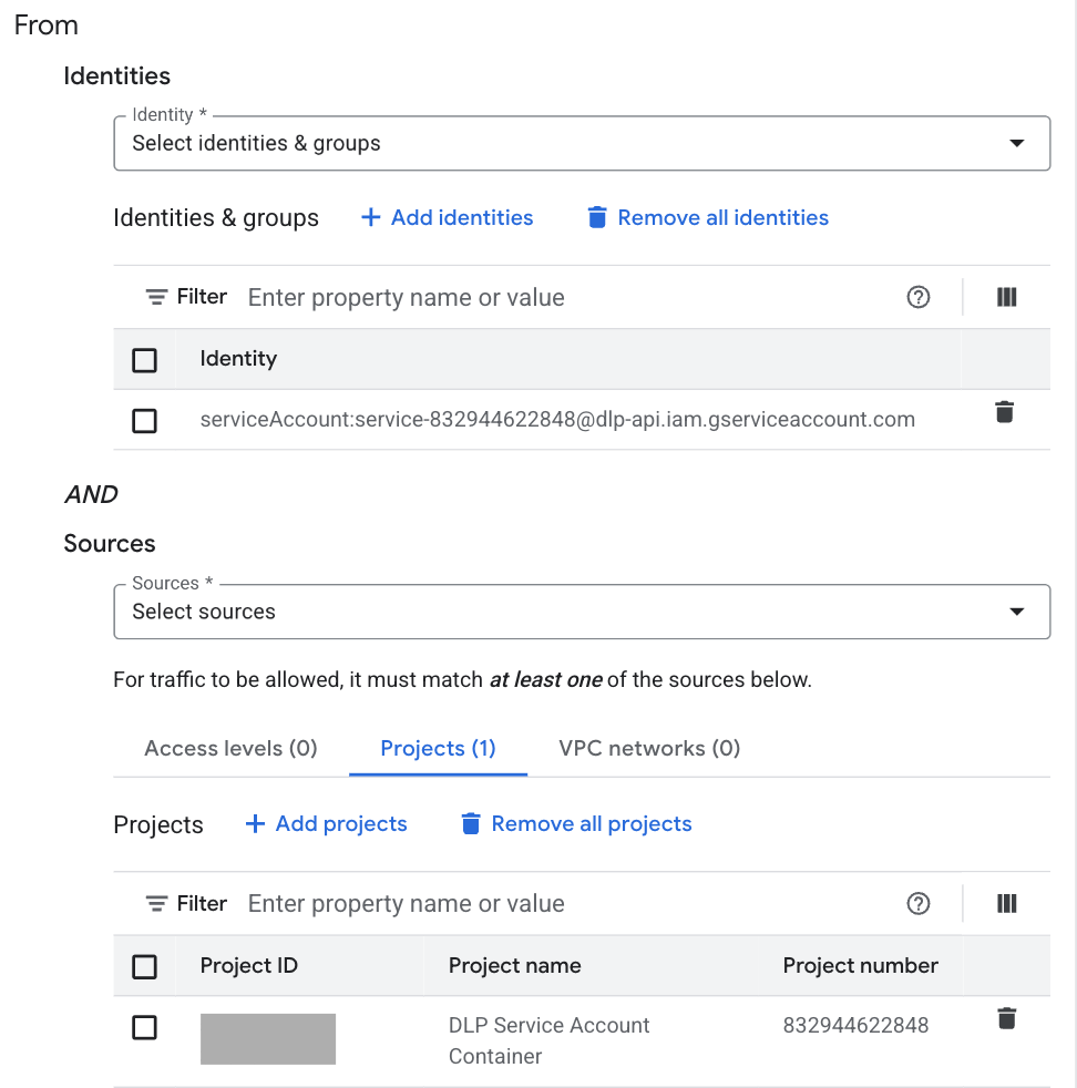 サービス エージェント ID とプロジェクトの両方が設定された上り(内向き)ルール。
