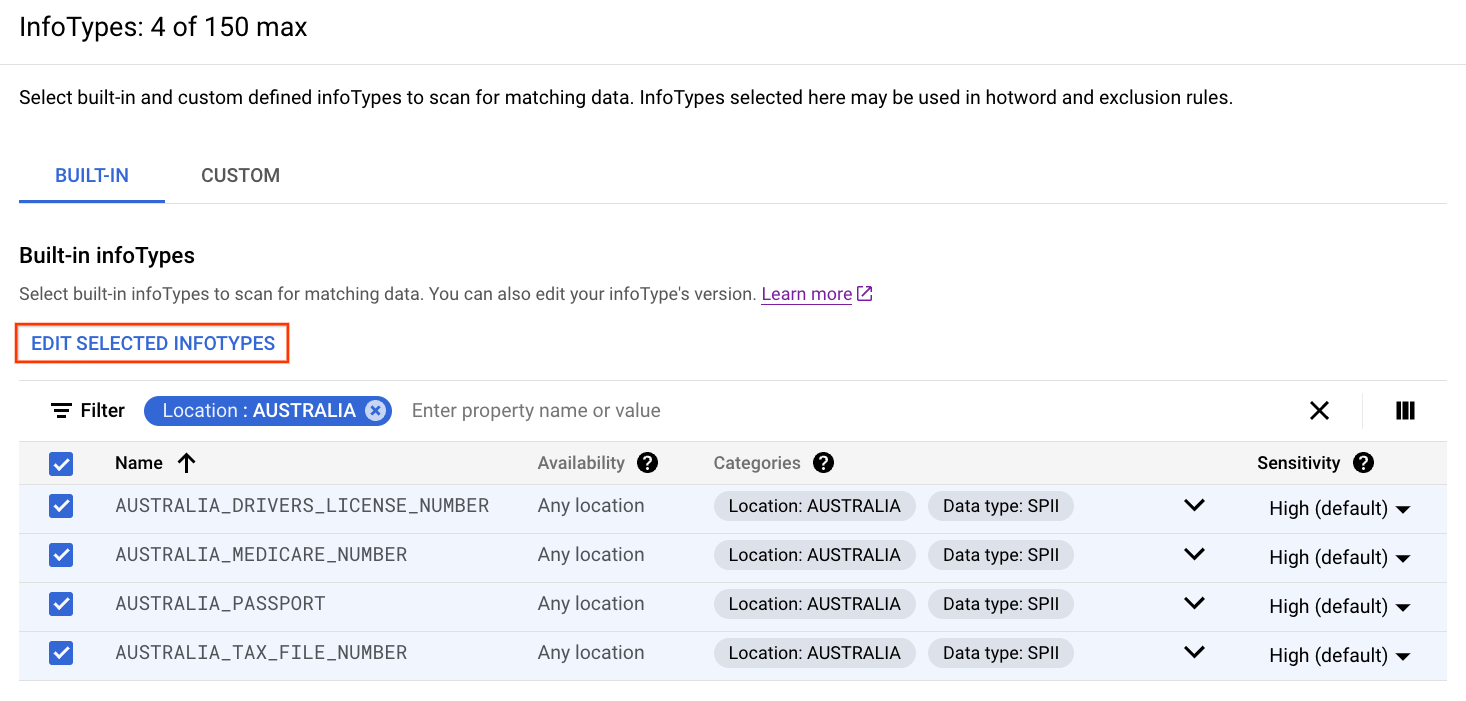Localização do botão "Editar infoTypes selecionados"