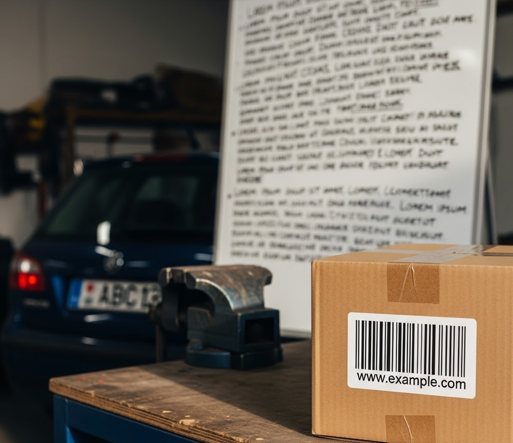 KI-generiertes Bild mit einem Barcode, einem Kfz-Kennzeichen und einem Whiteboard.