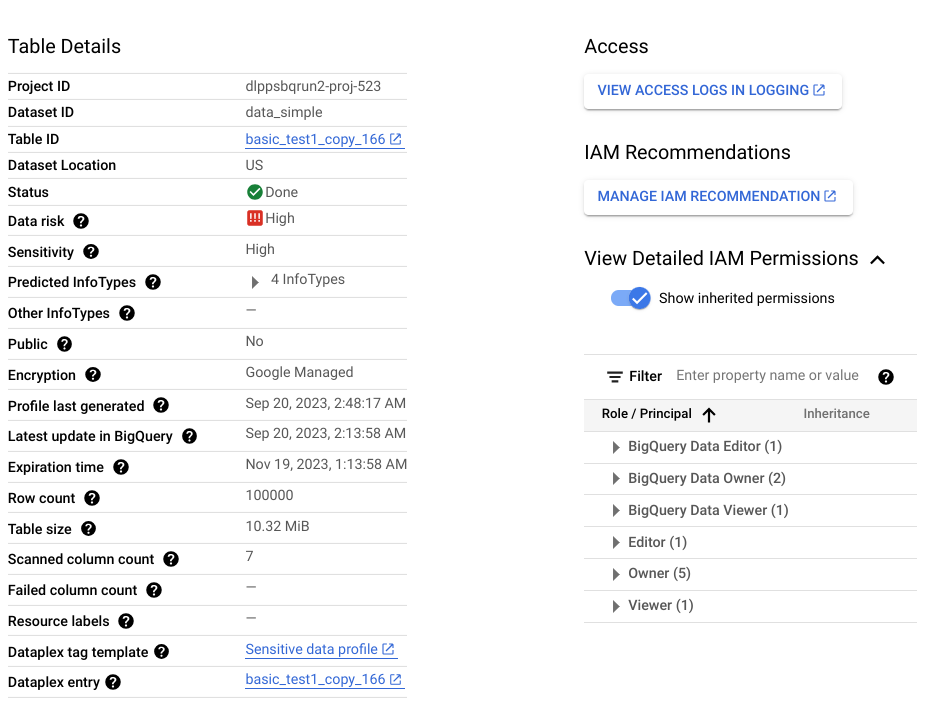 A table-level data profile that shows metrics and insights about the table and
lets you view the table in Logging, IAM, and
Dataplex Universal Catalog.