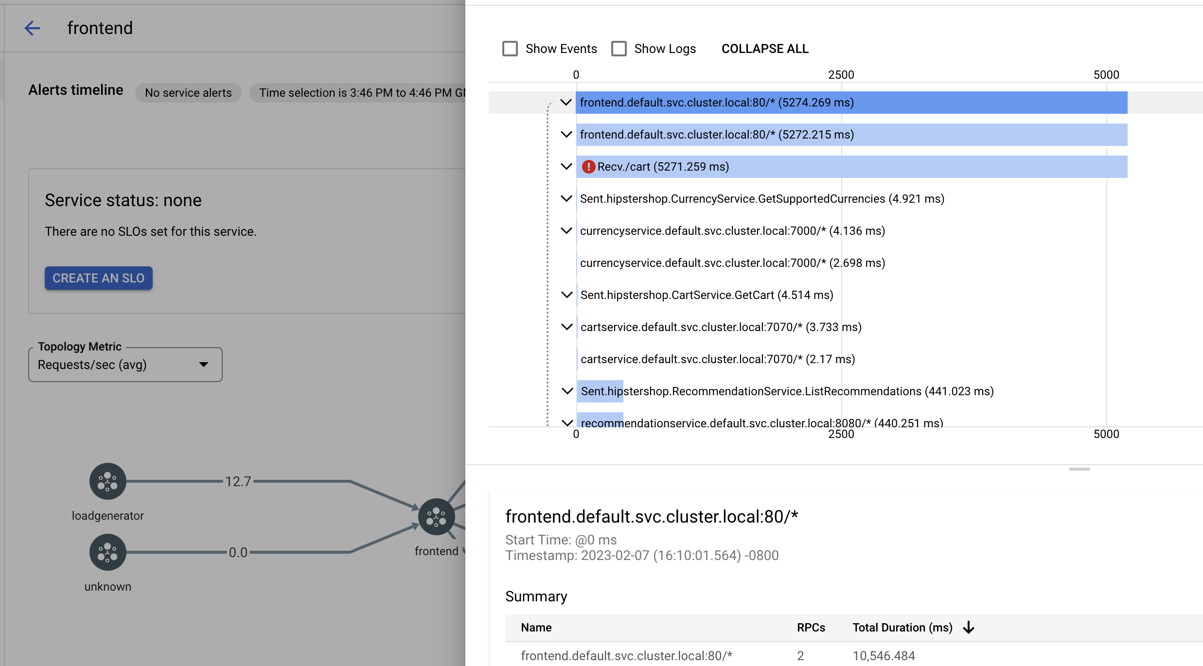 Sottoquadro delle tracce di Cloud Service Mesh