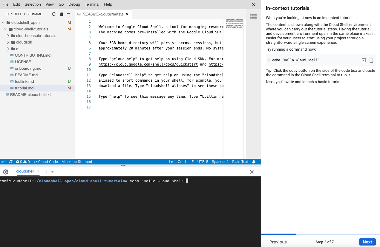  Sesión de consola deGoogle Cloud con el tutorial iniciado
