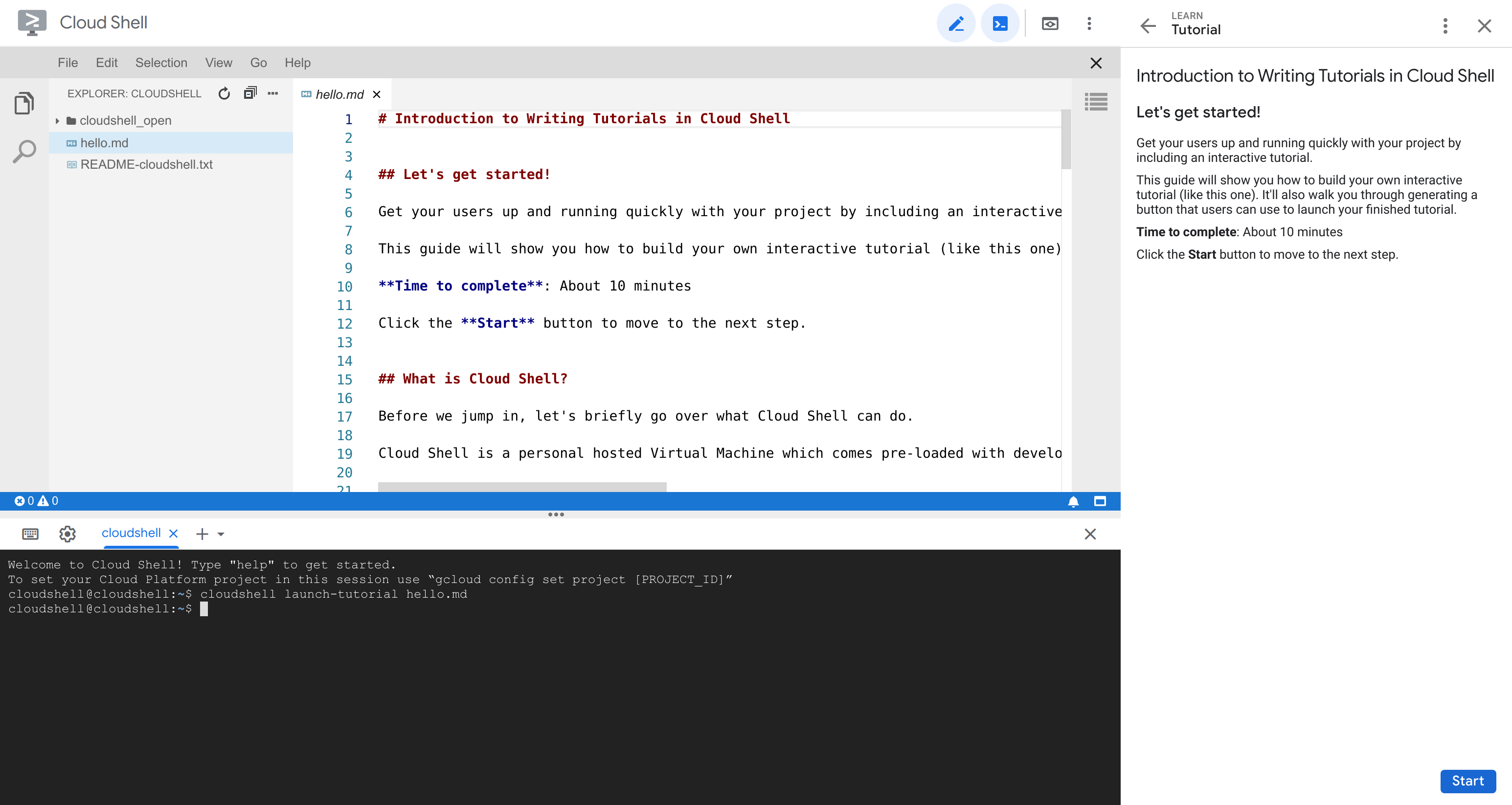 Un tutorial que se ejecuta en Cloud Shell