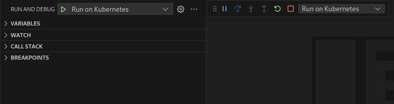 Icono de inicio de depuración junto con los iconos de pausa, saltar, entrar, salir, reiniciar y detener