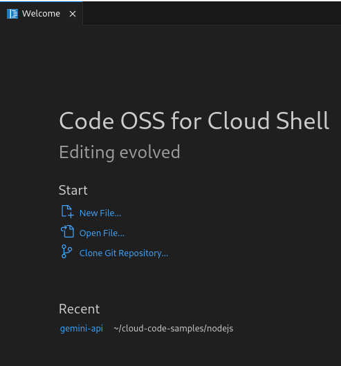 最近開啟的工作區 (例如 hello-world-1 和 appengine-guestbook-python) 會顯示在「最近」下方。按一下連結的名稱，即可在「檔案總管」中開啟工作區