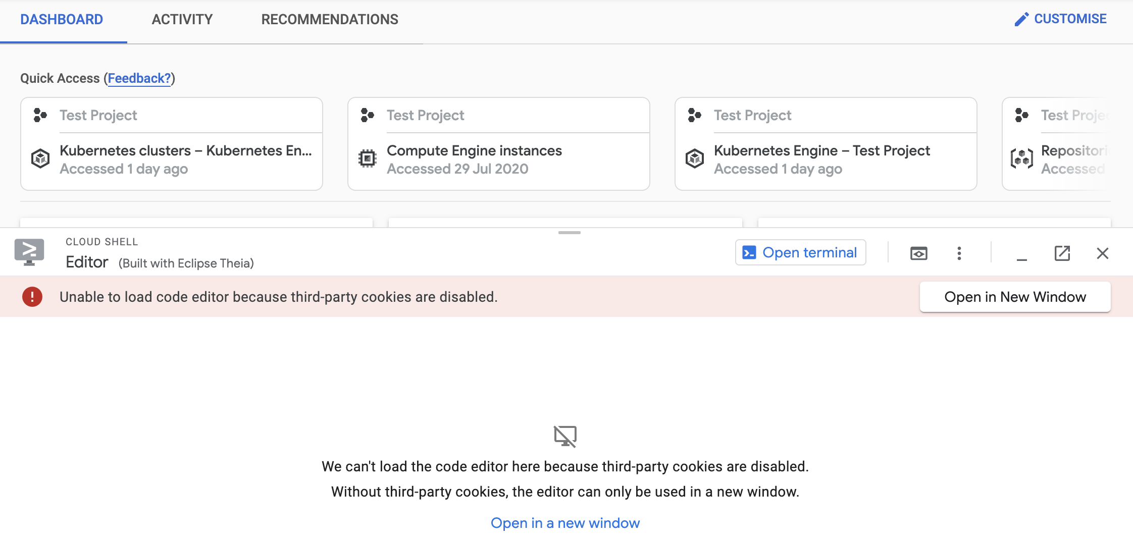 Painel do editor a explicar que não foi possível carregar o editor de código devido ao bloqueio de cookies de terceiros, com um link para Abrir o editor numa nova janela