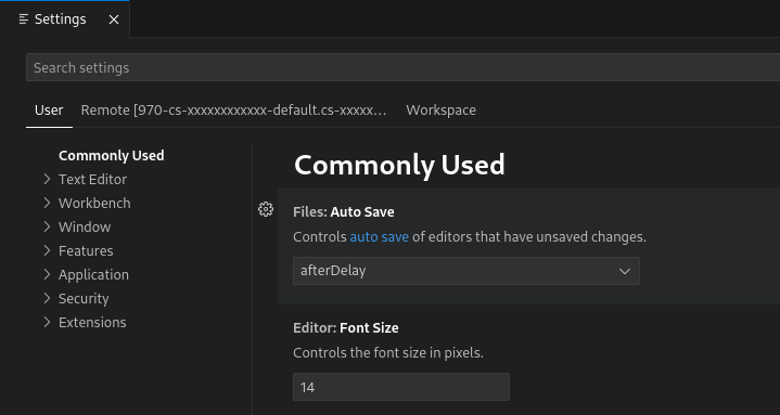 Antarmuka setelan dengan tab untuk Pengguna dan Workspace dengan setelan Debug yang sedang dilihat