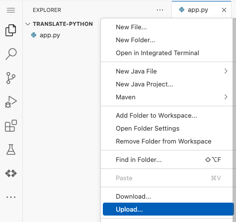 Importez un fichier dans un projet de l'éditeur Cloud Shell.