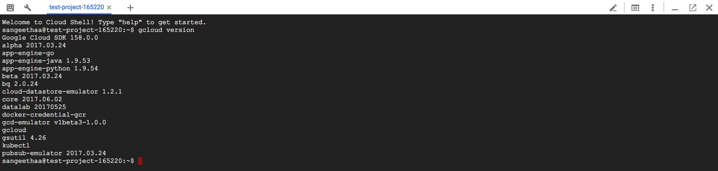 Captura de pantalla de la interfaz de Cloud Shell.