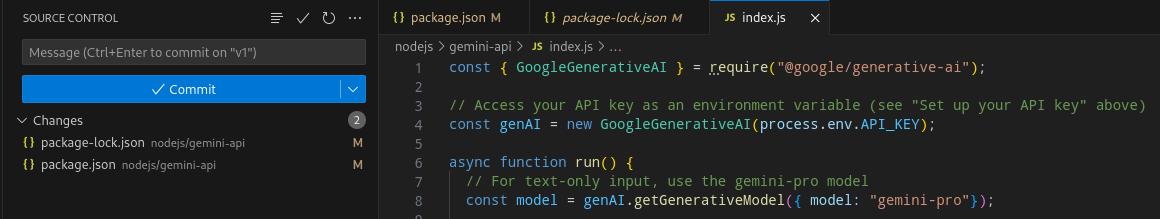 Arquivos alterados, listados na seção Mudanças na visualização do controle de origem