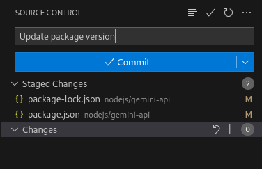 已填入提交訊息,且樹狀檢視畫面中顯示已暫存的變更