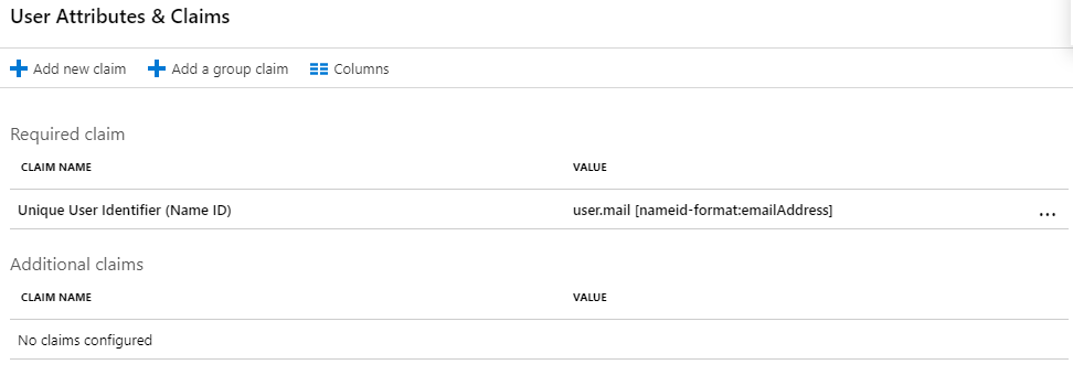 Caixa de diálogo Atributos e reivindicações do utilizador.