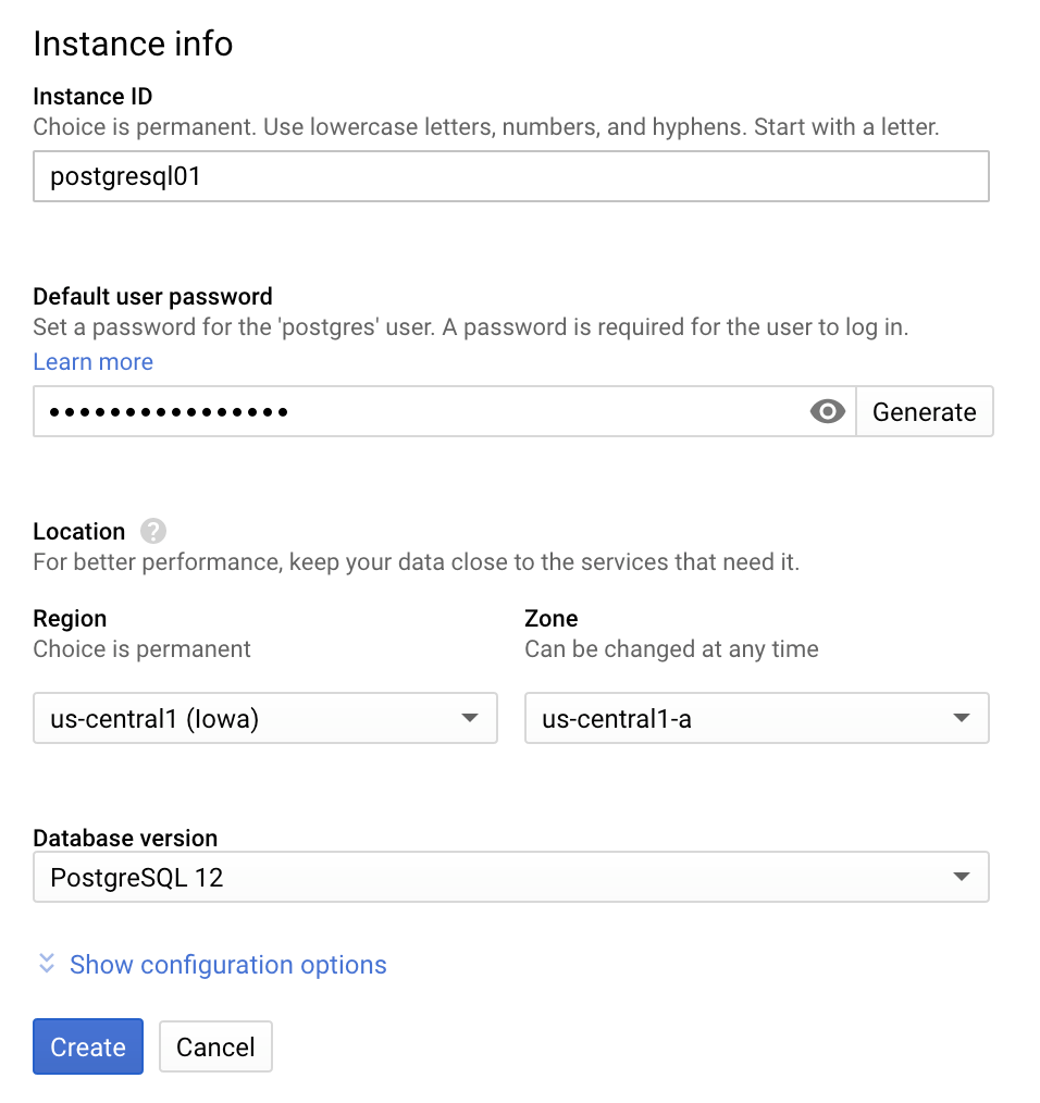 Creazione di un'istanza PostgreSQL.