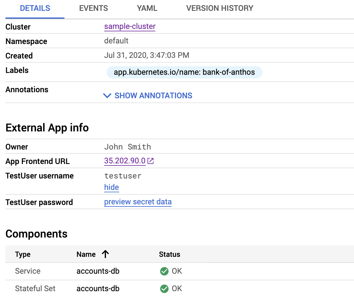 The application details include links to access
credentials.