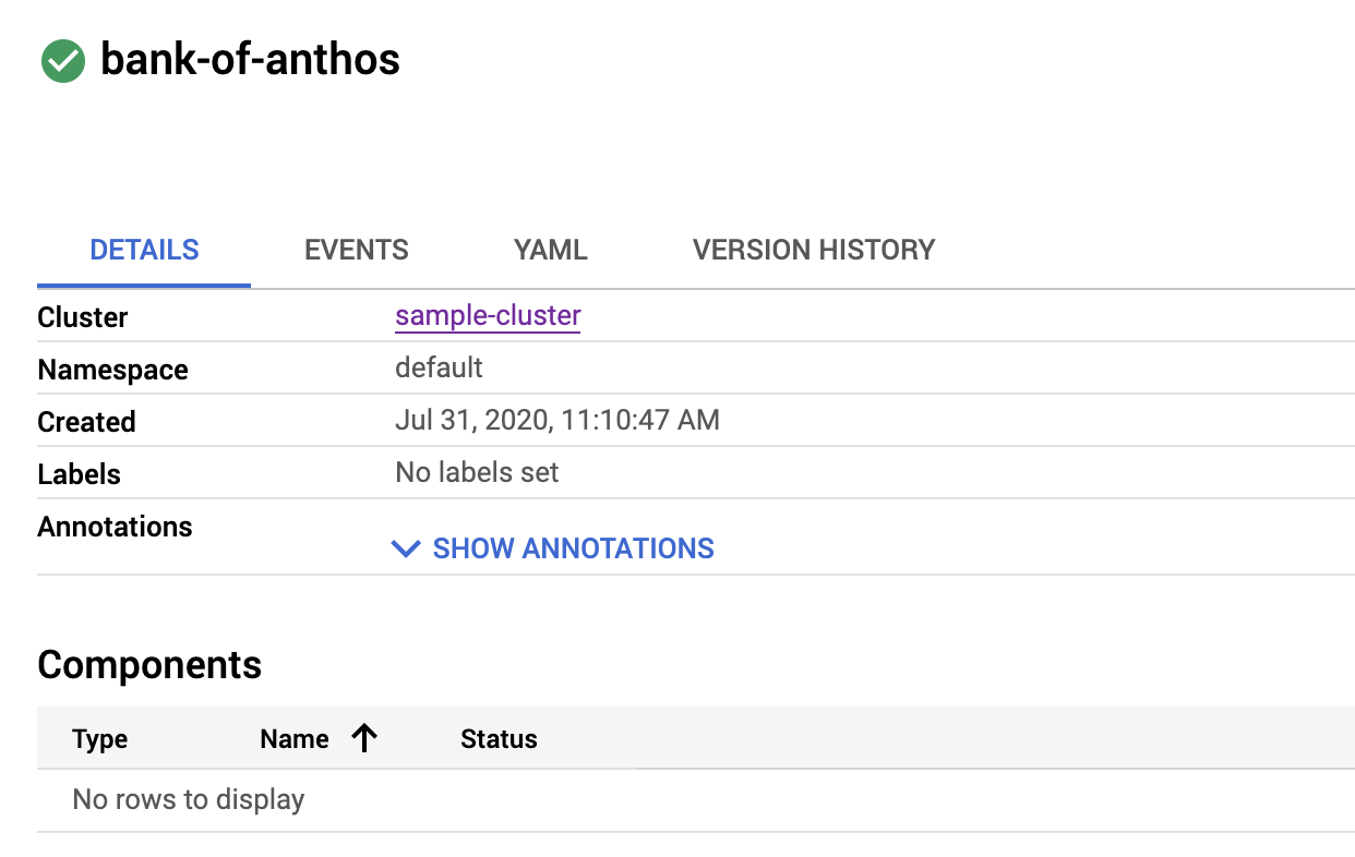 Application details include cluster, namespace, and creation
date.