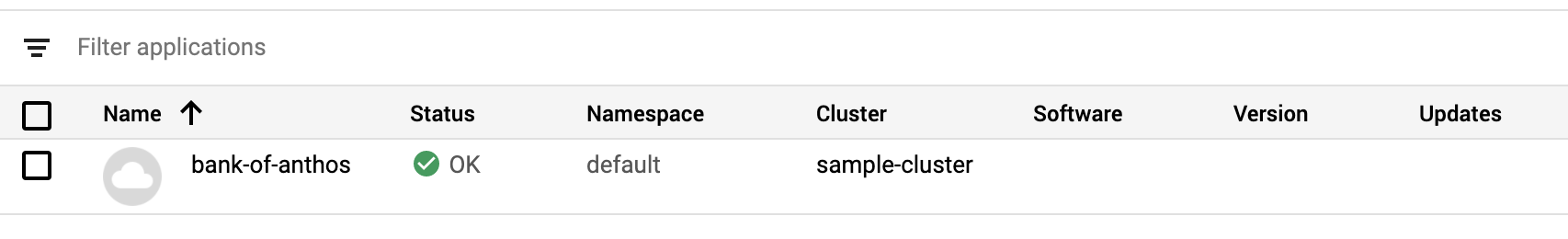 Aplikasi Bank of Anthos dicantumkan dalam daftar aplikasi.