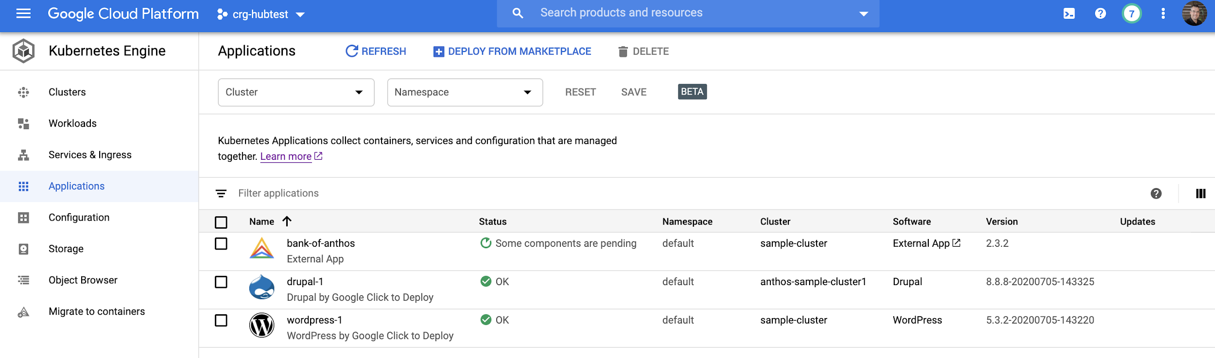 A partial view of the Applications page that shows a list of applications
along with various properties.