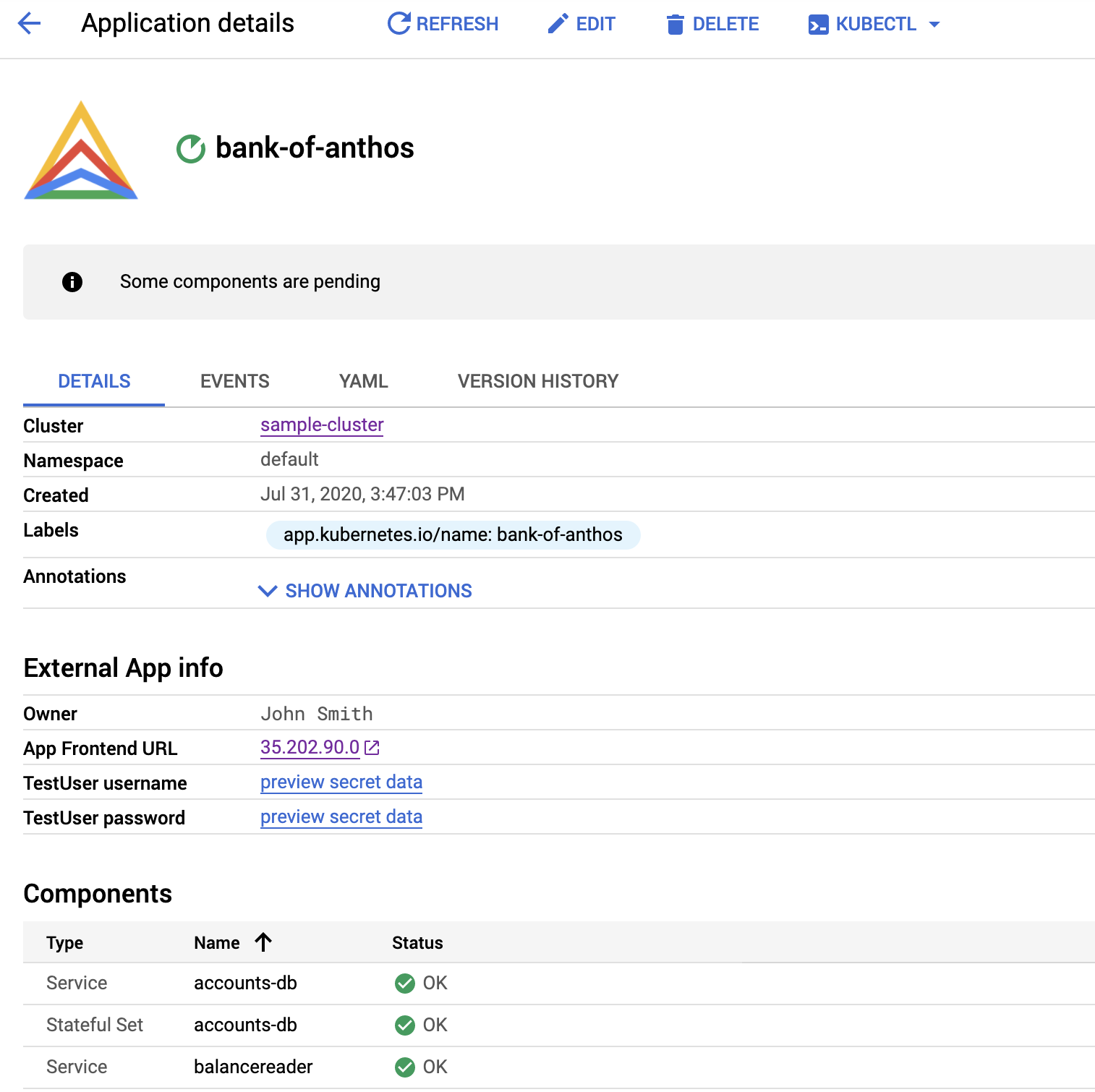 A logo is shown at the top of the list of application
details.