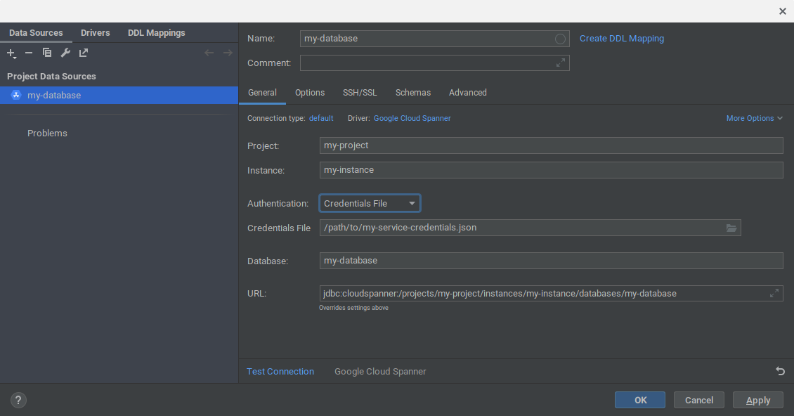 Connect to
Spanner tool
window
