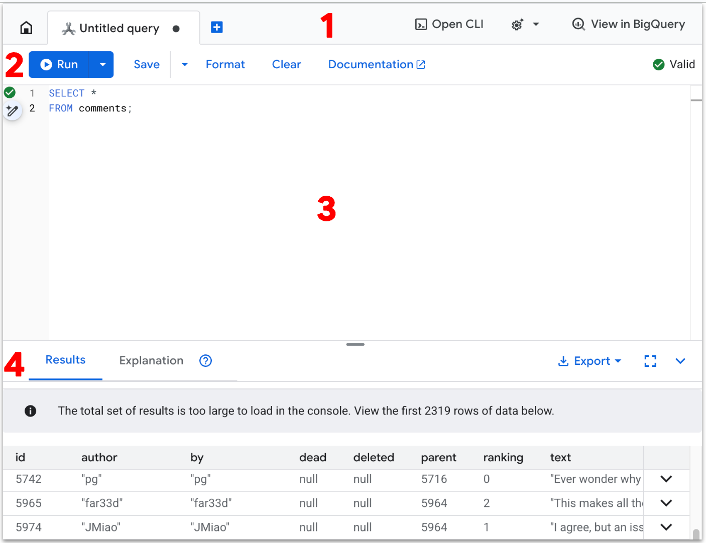 Página do editor de consultas com anotações e componentes principais numerados.