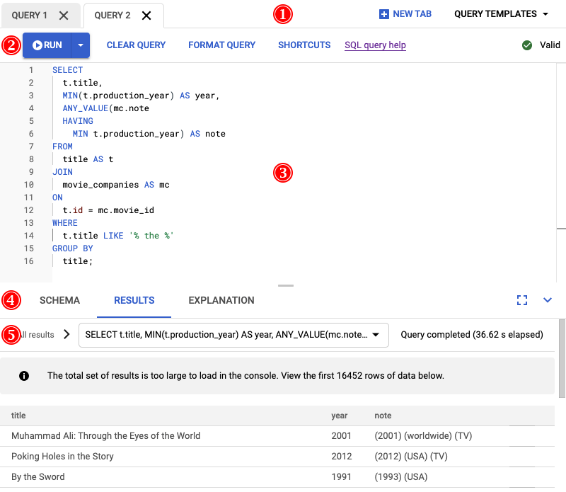 Annotated query editor page with key components numbered.