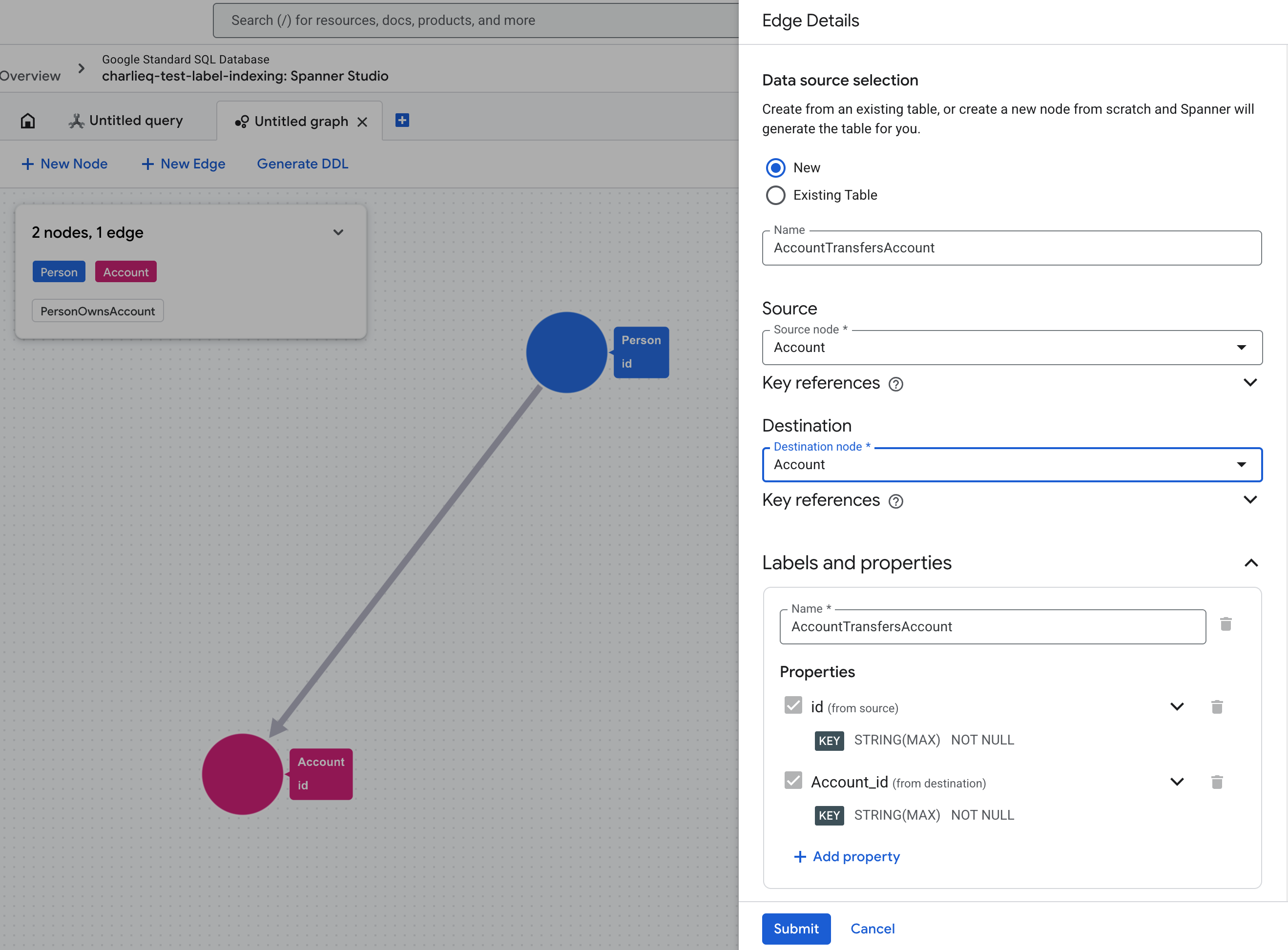 Panneau d'informations sur les arêtes lors de la modification d'un schéma de graphique dans Spanner Studio