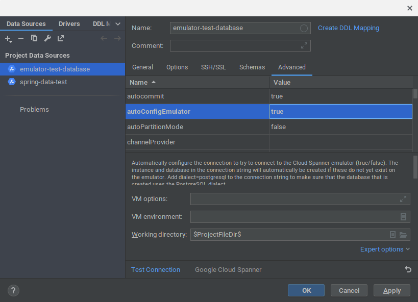 Jendela alat Connect to Spanner