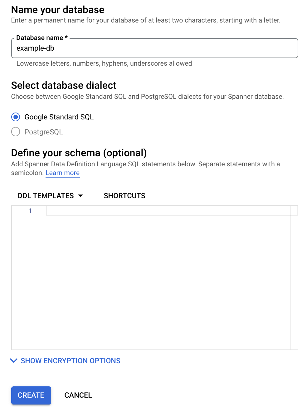 La ventana de creación de la base de datos actualizada.