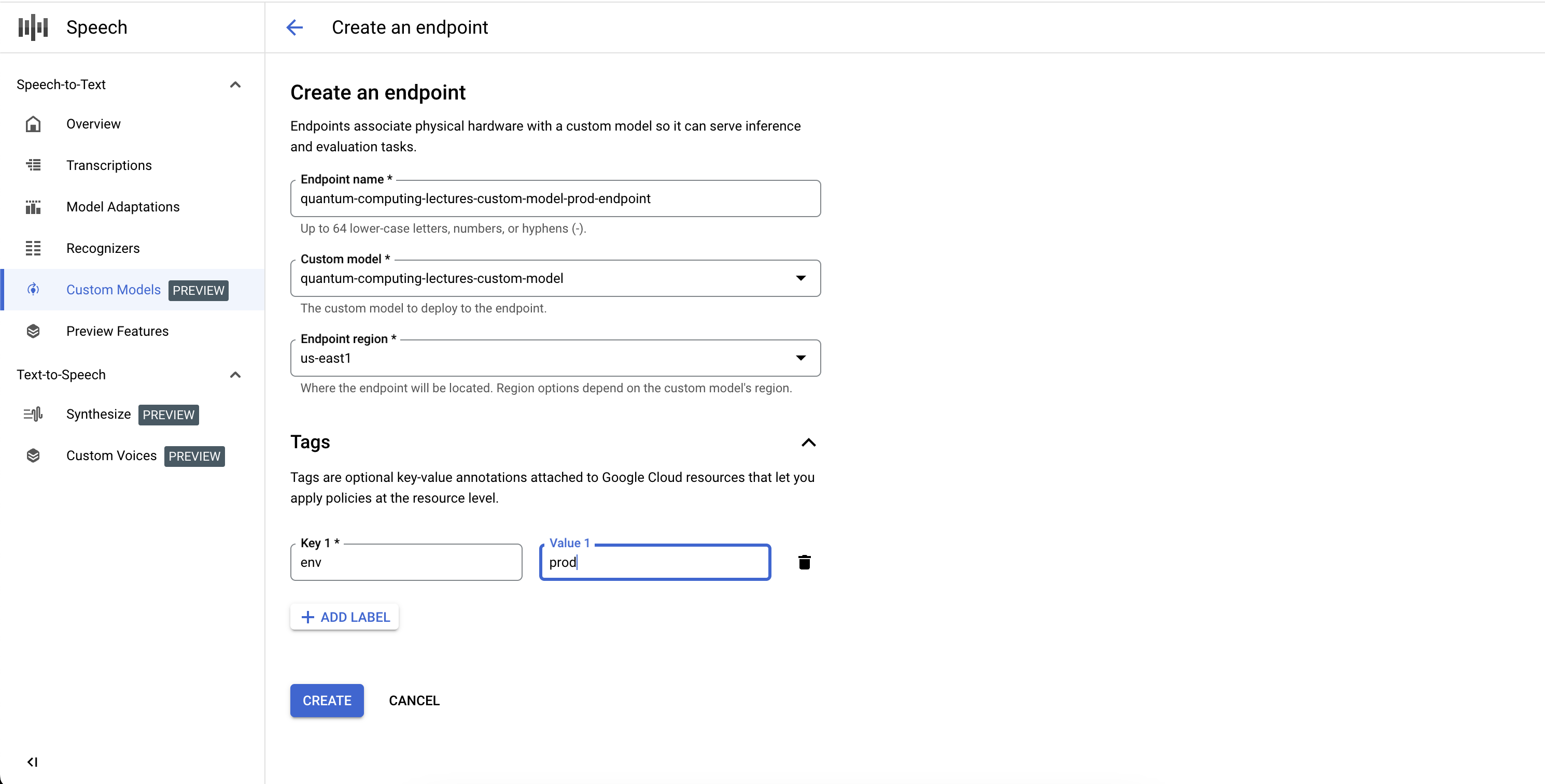 Custom Speech-to-Text model endpoint creation workflow, displaying the fields required to configure a new endpoint.