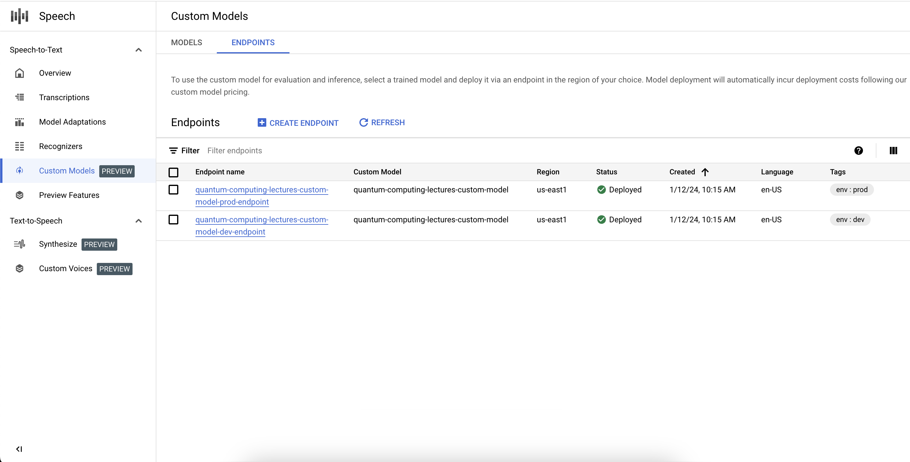Custom Speech-to-Text model endpoint list workflow, showing a table with all the already created endpoints of custom models