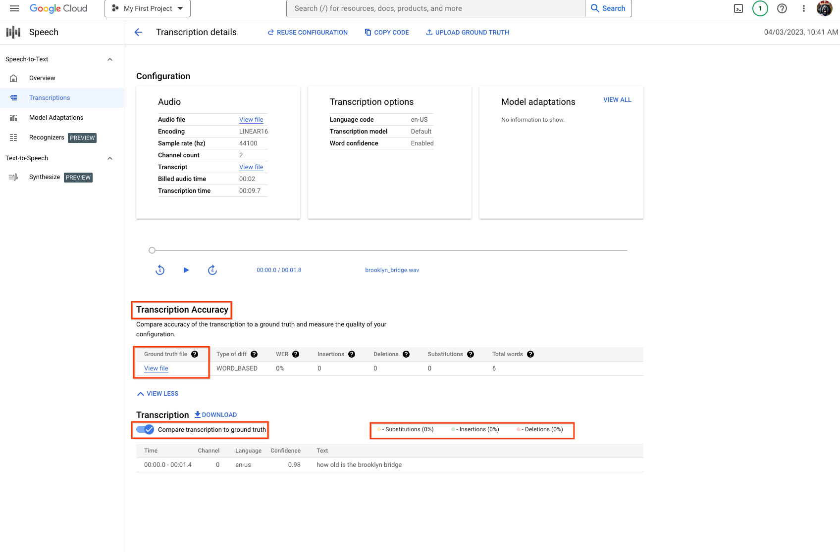 Cloud Speech-to-Text transcription accuracy page, showing computed evaluation results for the given transcript with 0% word error rate.