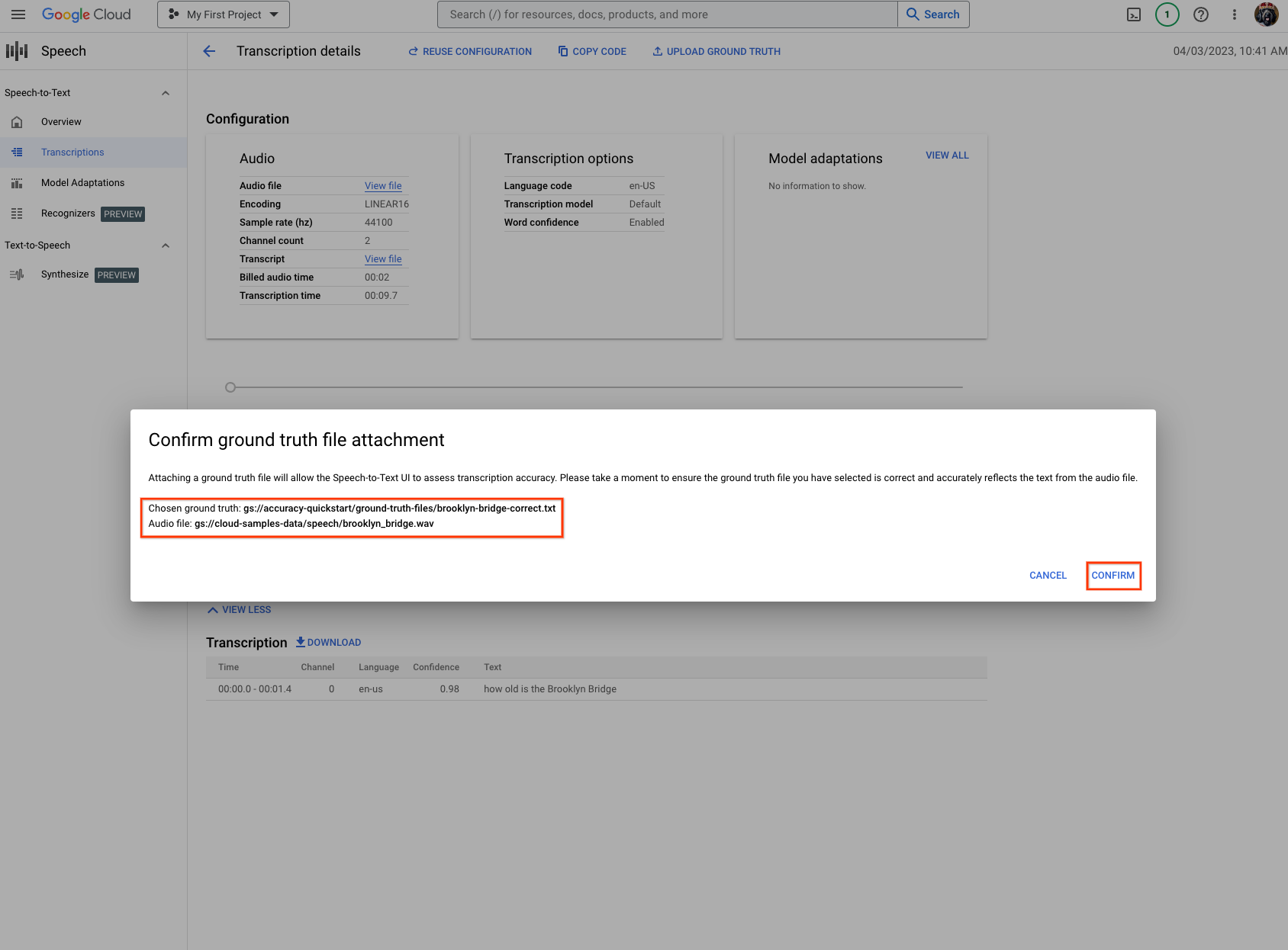 Cloud Speech-to-Text transcription page, showing the contents of the uploaded ground truth file.