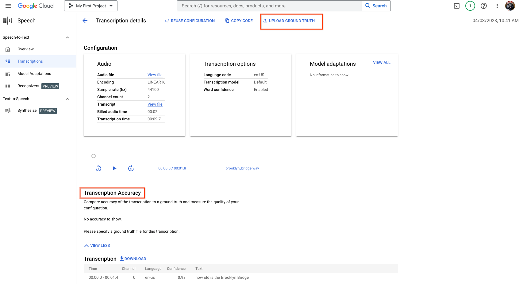 Cloud Speech-to-Text transcription details page, highlighting the transcription accuracy section and the upload ground truth button.