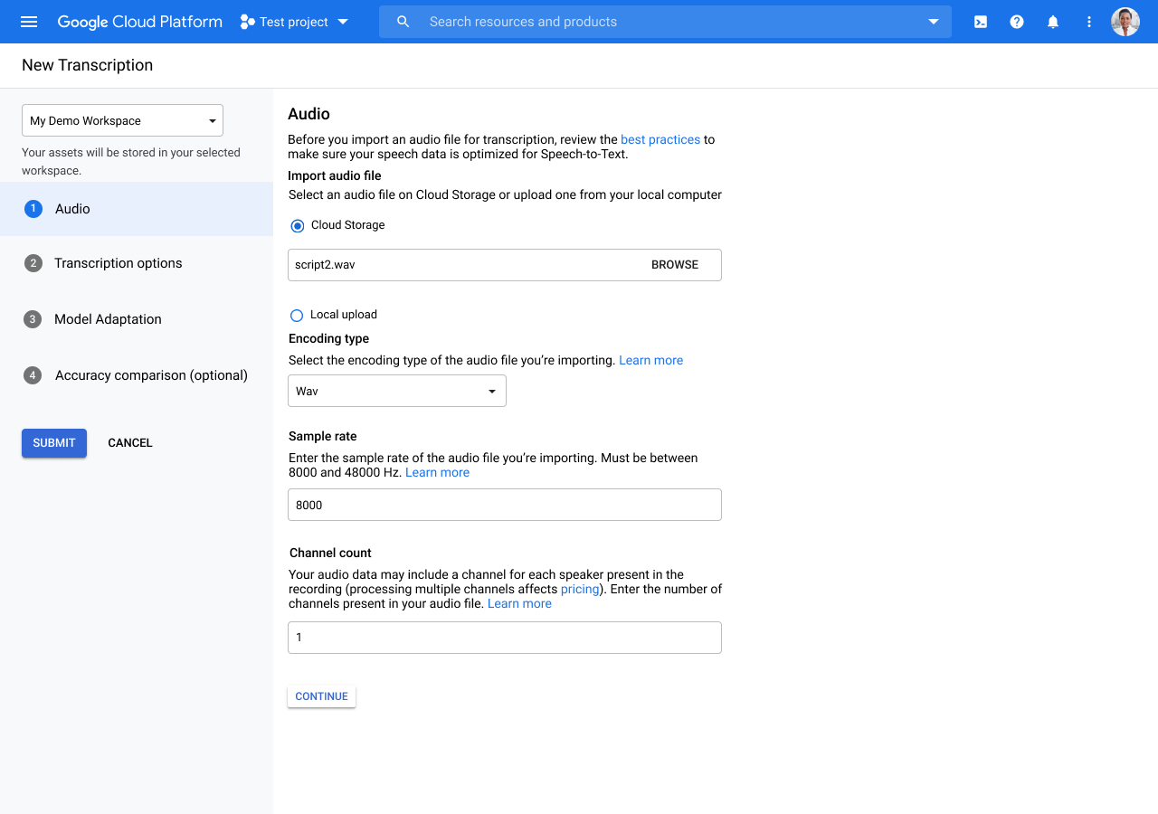  Google Cloud 콘솔에서 오디오 스크립트 작성 페이지의 스크린샷